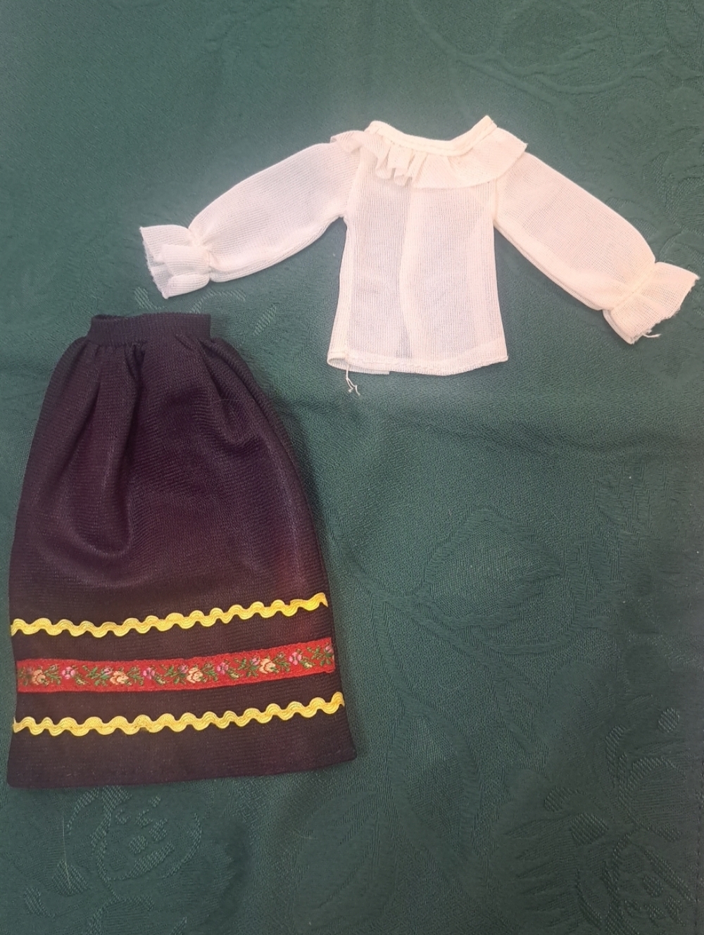 Vintage Barbie Clone Black Skirt Flower & Rick Rack Trim White + Ruffled Top